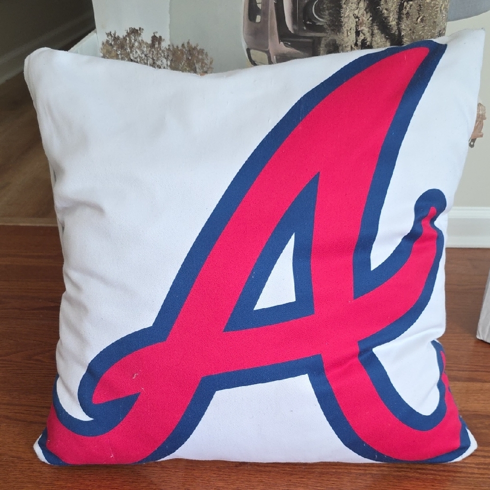 White Accent Pillow with Red Script 'A' and Navy Trim